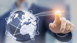 Global internet telecommunication concept with 3d globe, satellite orbits, and high speed optic fibers